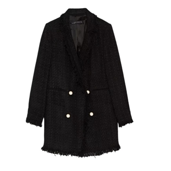 Zara Tweed Textured Boucle Pearl Button Blazer Jacket Black Size XS - Picture 3 of 15